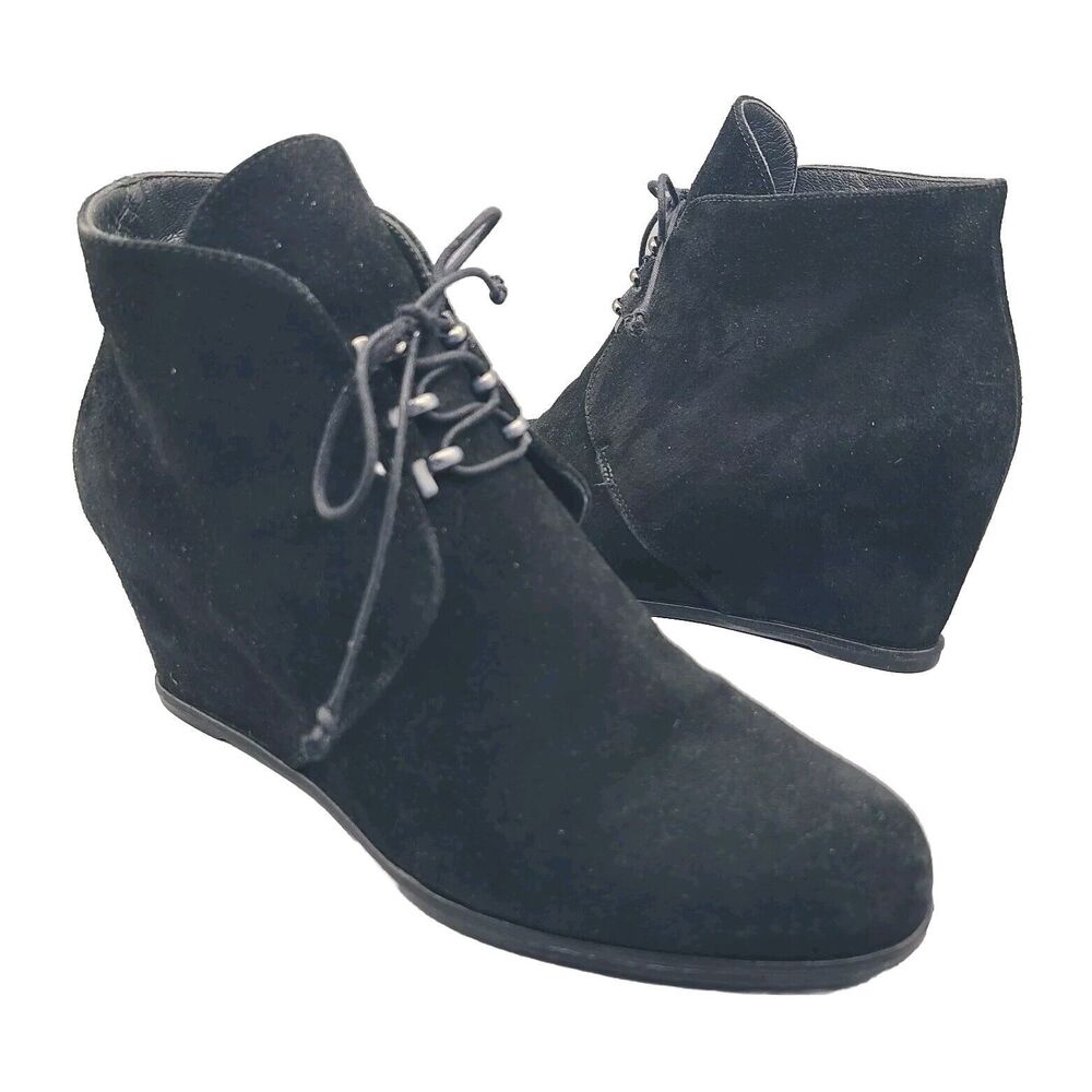 Stuart Weitzman Kalahari Women Ankle Boots Black Suede Wedge Lace Up Sz 10